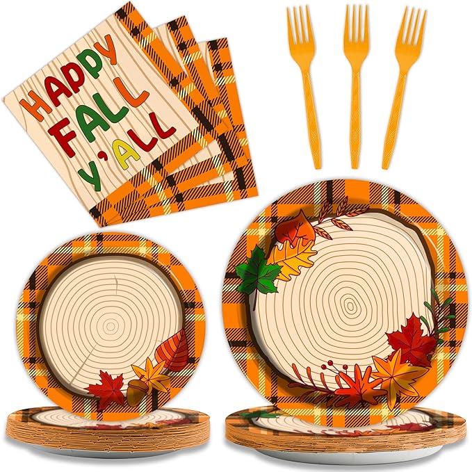 chiazllta 96 Pcs Thanksgiving Party Paper Plate and Napkins Fall Tableware Kit Disposable Plates Napkins Set Thanksgiving Plaid Decorations Paper Plates Napkins Forks for Party Favors 24 Guests