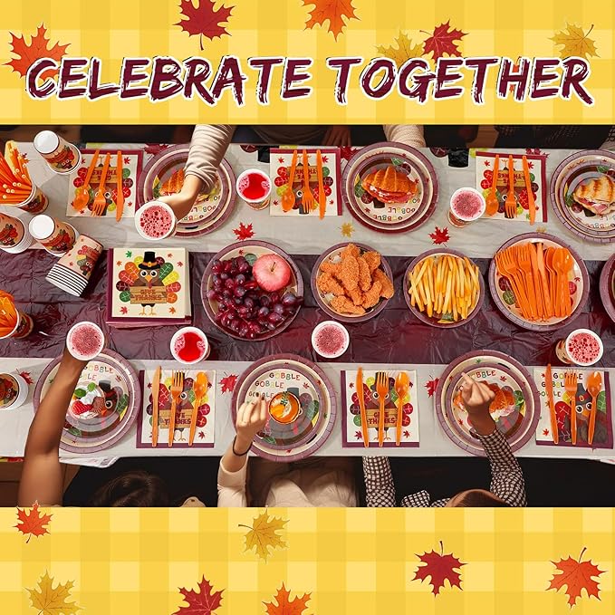 Potchen 452 Pcs Party Supplies Serve 50 Guests, Paper Plates Napkins Cups Cutlery Plastic Tablecloth Dinnerware for Birthday Wedding Party Decoration (Orange Maroon, Thanksgiving Turkey)