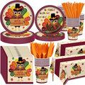 Potchen 452 Pcs Party Supplies Serve 50 Guests, Paper Plates Napkins Cups Cutlery Plastic Tablecloth Dinnerware for Birthday Wedding Party Decoration (Orange Maroon, Thanksgiving Turkey)