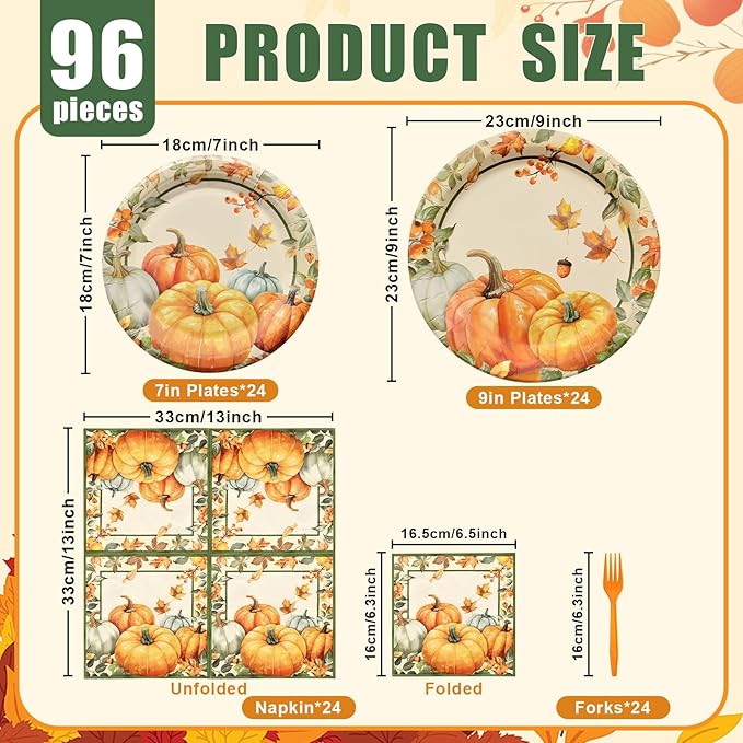 96 Pcs Thanksgiving Pumpkin Tableware Set – Disposable Fall Harvest Dinnerware with Rustic Paper Plates, Napkins, and Orange Forks for Thanksgiving Dinner, Friendsgiving, and Autumn Party – Serves 24