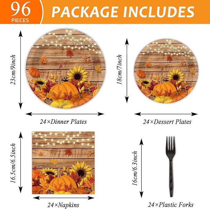 chiazllta 96 Pcs Fall Party Paper Plates and Napkins Thanksgiving Party Tableware Set Table Decorations for Fall Autumn Birthday Party Supplies 24 Guests