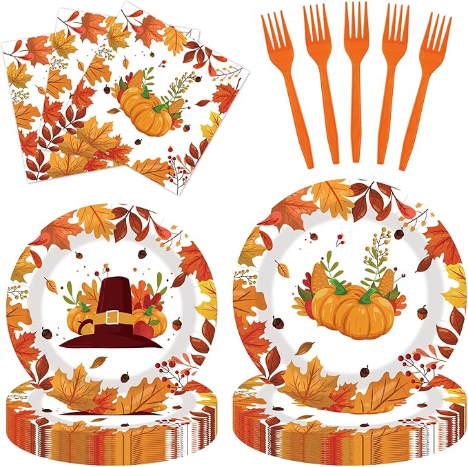 80pcs Thanksgiving Paper Plates and Napkins Forks Fall Dinner Cake Plates Autumn Leaves Pumpkin Party Decorations for Fall Thanksgiving Holiday Wedding Birthday,Serves 20