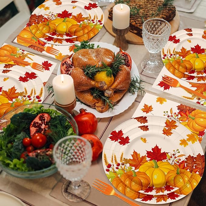 100 Pcs Fall Pumpkin Maple Tableware Party Supplies Set, Serves 25 – Disposable Autumn Harvest Paper Plates, Napkins, and Forks, Thanksgiving Day Dinnerware for Friendsgiving Gatherings Decorations