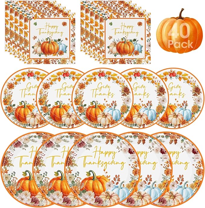 40 Pcs Happy Thanksgiving Paper Plates and Napkins Sets - Disposable Fall Thanksgiving Party Plates Napkins, Maple Leaf Pumpkin Watercolor Tableware for Thanks Giving Party Supplies Table Decorations