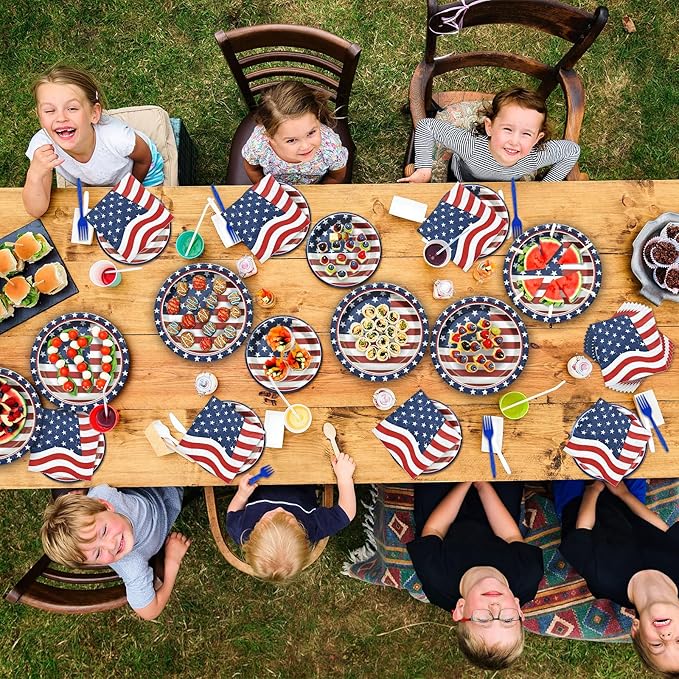 96 Pieces Patriotic Tableware Set ??Vintage American Flag Disposable Dinnerware with Paper Plates, Napkins, Cups, Forks for Fourth of July, Memorial Day, Veterans Day Celebrations, Serves 24 Guests