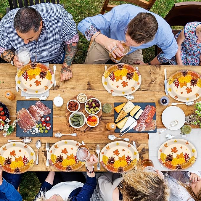 50 PCS Thanksgiving Oval Paper Plates Large 11” Disposable Thanksgiving Fall Party Decorations Heavy Duty Fall Maple Leaves Pumpkin Dessert Plates Supplies for Thanksgiving Autumn Party Tableware Set