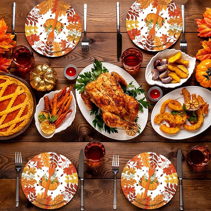80pcs Thanksgiving Paper Plates and Napkins Forks Fall Dinner Cake Plates Autumn Leaves Pumpkin Party Decorations for Fall Thanksgiving Holiday Wedding Birthday,Serves 20