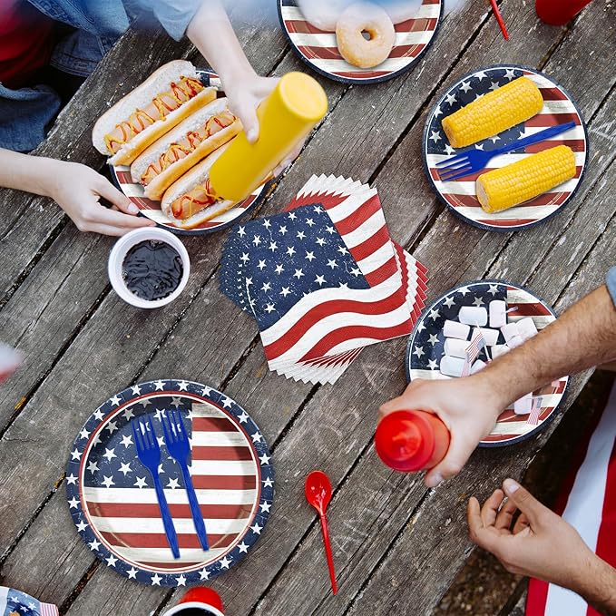 96 Pieces Patriotic Tableware Set ??Vintage American Flag Disposable Dinnerware with Paper Plates, Napkins, Cups, Forks for Fourth of July, Memorial Day, Veterans Day Celebrations, Serves 24 Guests
