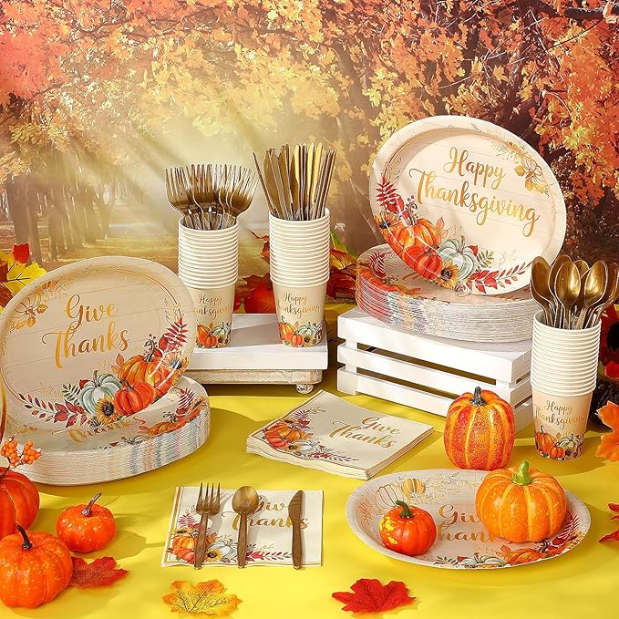 Pajean 350 Pcs Thanksgiving Oval Paper Plates Set with 12 inch Disposable Pumpkin Oval Plates Fall Harvest Heavy Duty Paper Dinnerware Set for 50 Guests Thanksgiving Fall Party Supplies(Gold)
