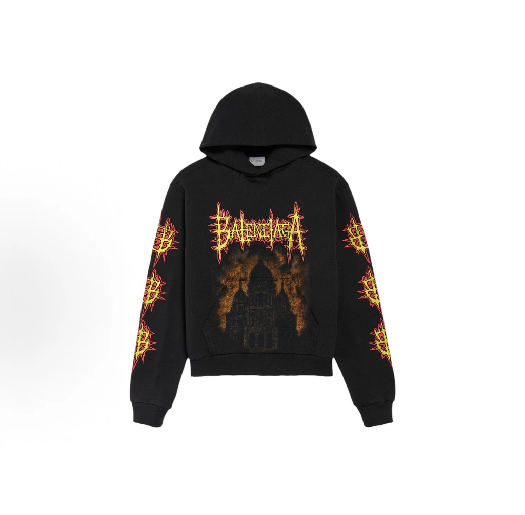 Balenciaga Gothic Cathedral Flame Hoodie, Black Oversized Halloween Streetwear Graphic Hoodie