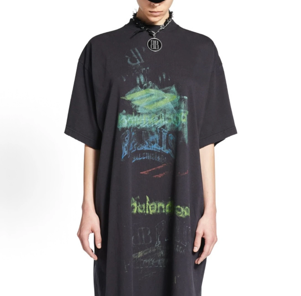 Balenciaga DIY Imprint T-Shirt Midi Dress, Vintage Washed Black Halloween Graffiti Graphic Dress
