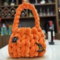 Halloween Chunky Knit Handbag, Ghost Witch Patch Plush Woven Top Handle Bag