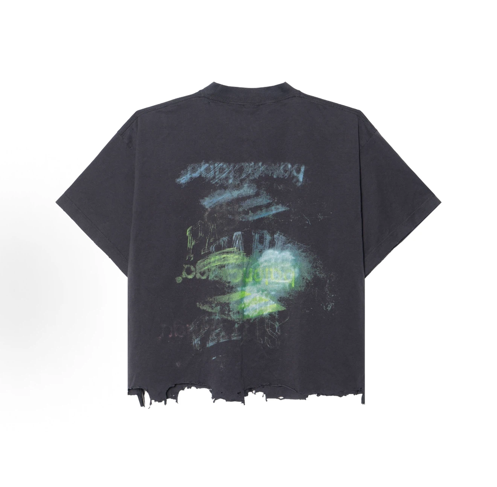 Balenciaga DIY Imprint Cropped T-Shirt, Frayed Raw Hem Distressed Black Halloween Graphic Tee