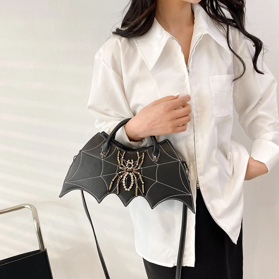 Halloween Bat Wing Handbag, Rhinestone Spider Web Gothic Crossbody Purse