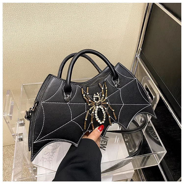 Halloween Bat Wing Handbag, Rhinestone Spider Web Gothic Crossbody Purse