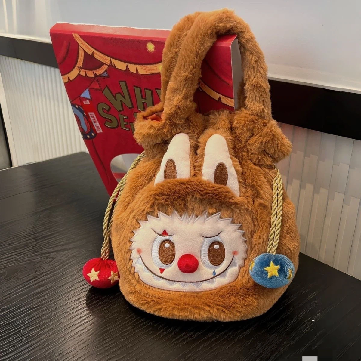 Labubu Clown Plush Drawstring Handbag, Cute Cartoon Bucket Tote Bag
