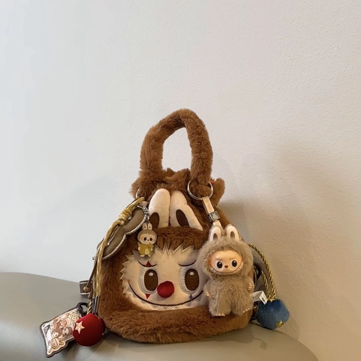 Labubu Clown Plush Drawstring Handbag, Cute Cartoon Bucket Tote Bag