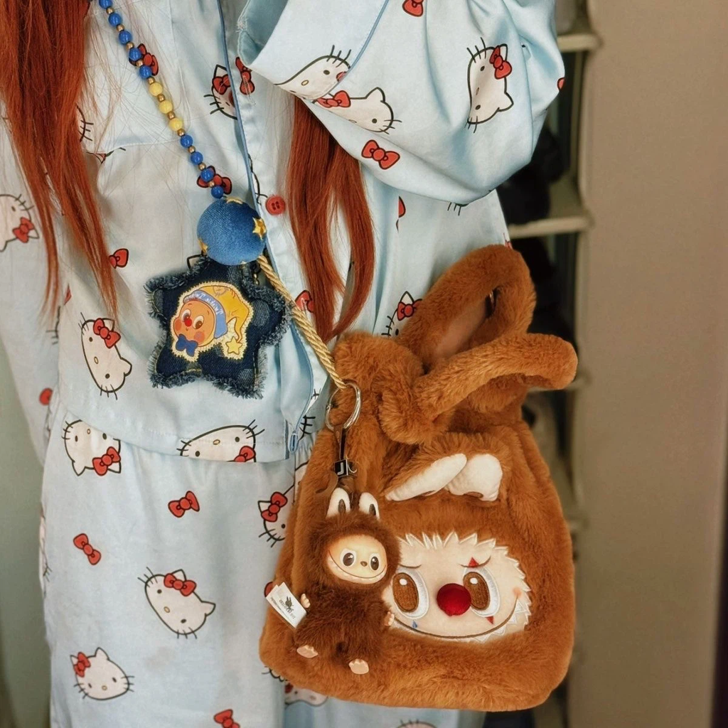 Labubu Clown Plush Drawstring Handbag, Cute Cartoon Bucket Tote Bag