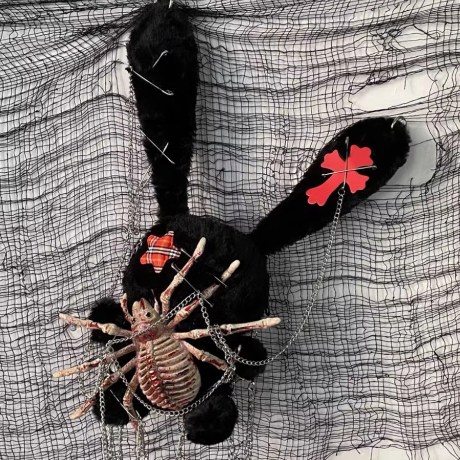 Gothic Black Bunny Plush Crossbody Bag, Punk Safety Pin Chain Rabbit Shoulder Purse