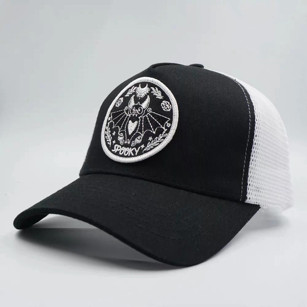 Halloween Spooky Bat Embroidered Trucker Hat, Black and White Mesh Back Cap