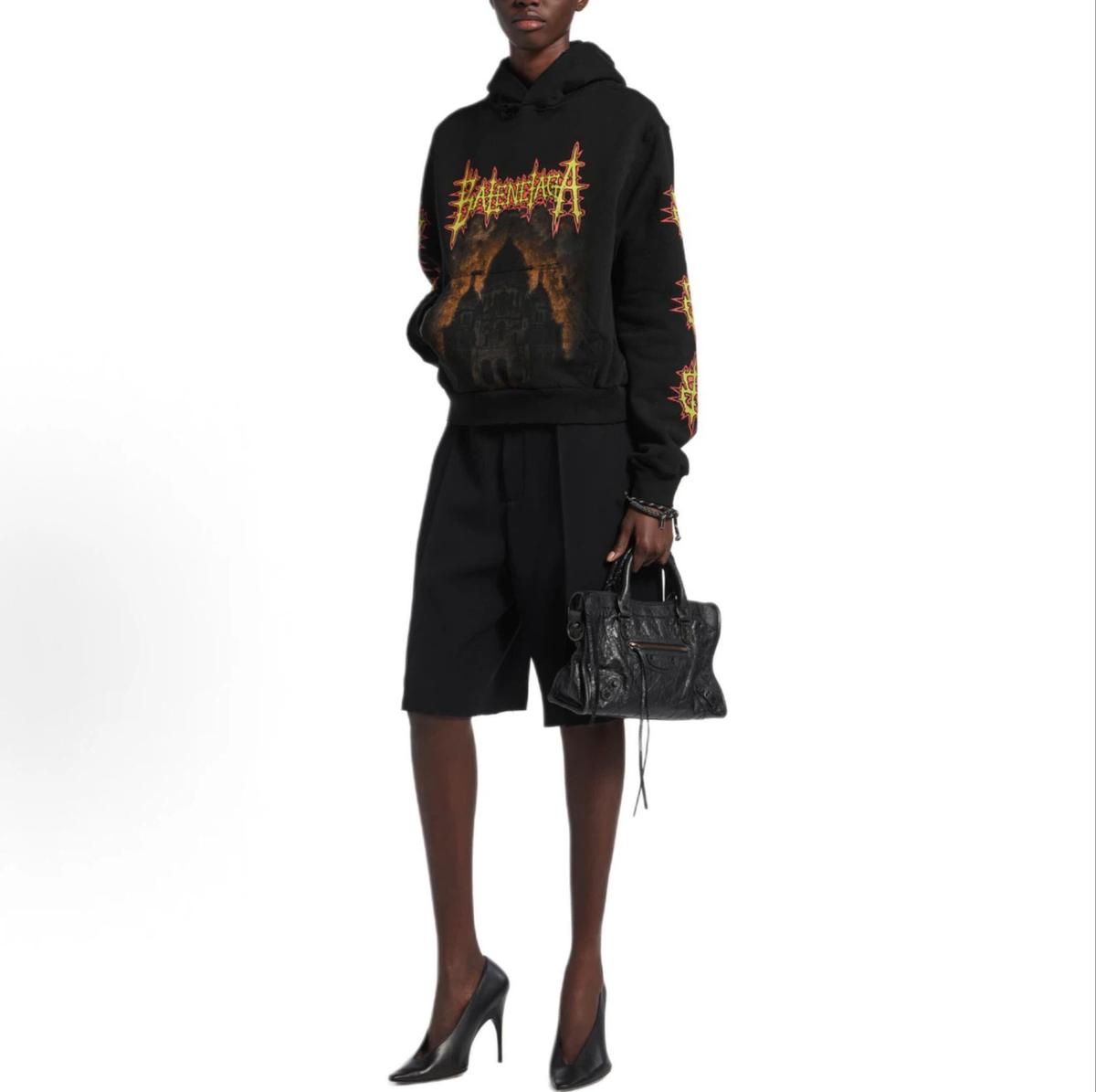 Balenciaga Gothic Cathedral Flame Hoodie, Black Oversized Halloween Streetwear Graphic Hoodie