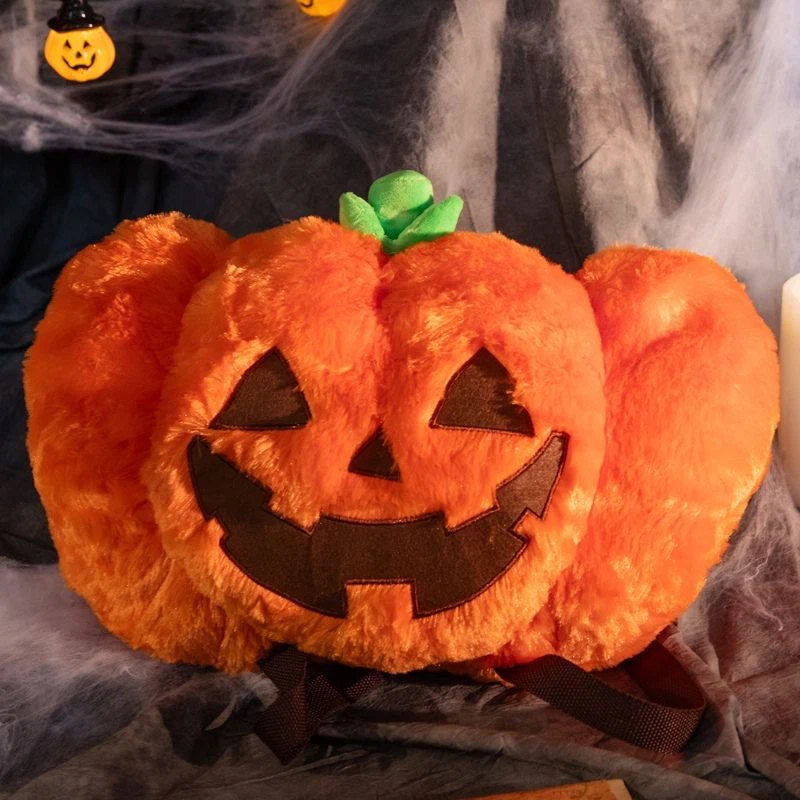 Halloween Plush Pumpkin Backpack, Jack-o'-lantern Soft Furry Shoulder Bag
