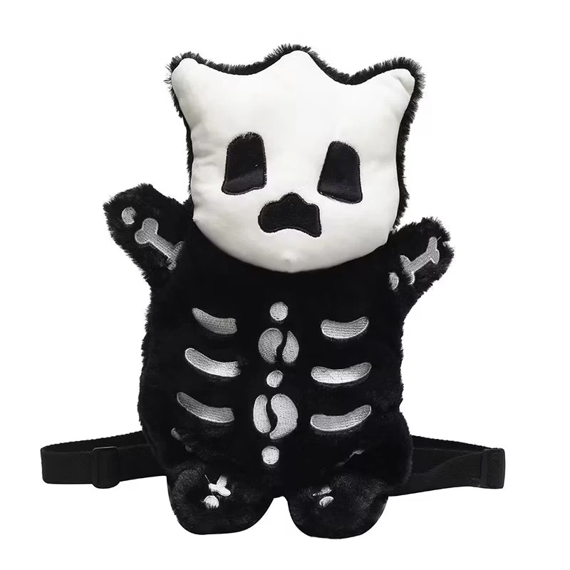 Skeleton Cat Plush Backpack, Gothic Halloween Kitten Stuffed Animal Bag