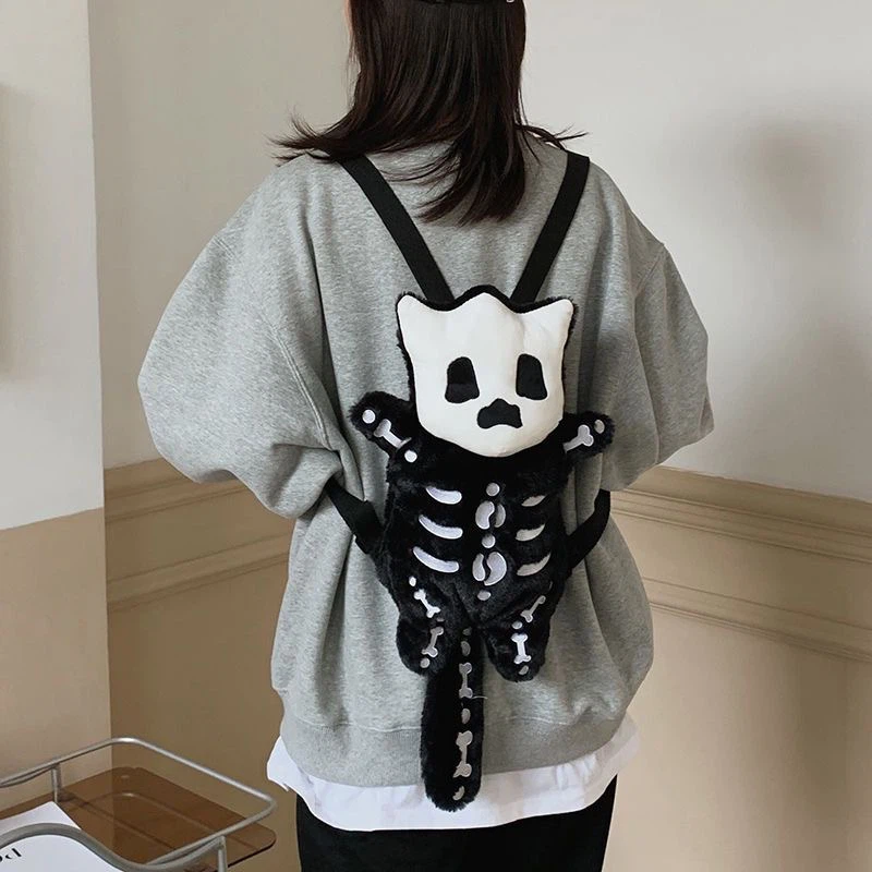 Skeleton Cat Plush Backpack, Gothic Halloween Kitten Stuffed Animal Bag