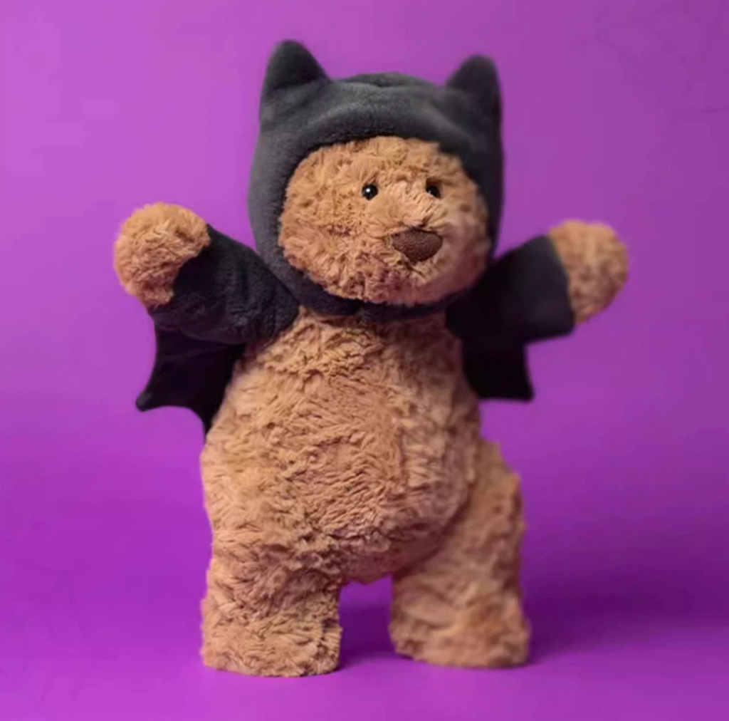 Cute Brown Bear in Bat Costume Plush Toy, Halloween Stuffed Animal with Bat Wings, Soft Teddy Bear Gift