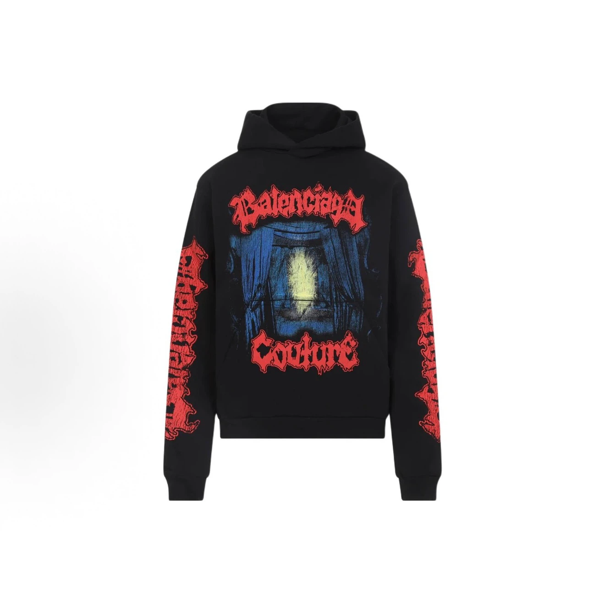 Balenciaga Couture Gothic Print Hoodie, Black Oversized Streetwear Graphic Hooded Sweatshirt