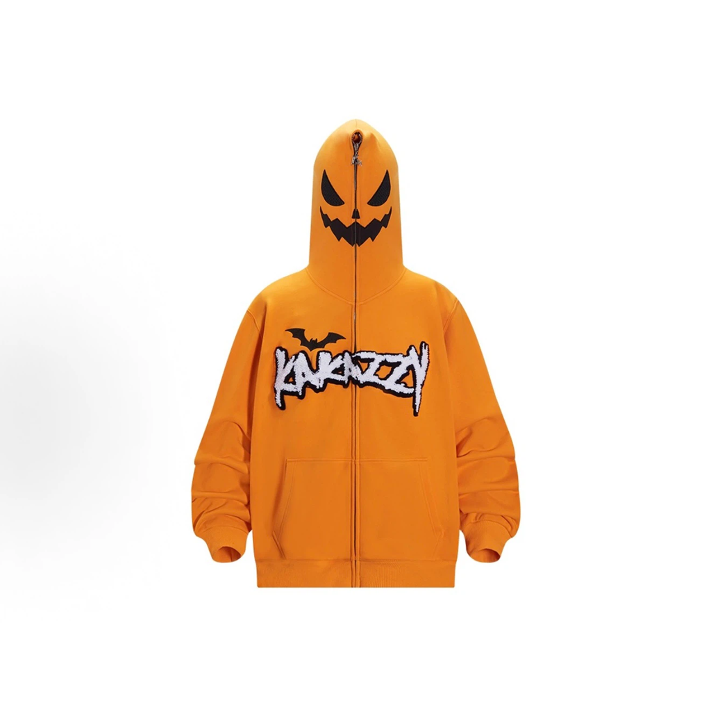Kakazzy Halloween Pumpkin Full Zip Hoodie, Unisex Streetwear Hooded Jacket
