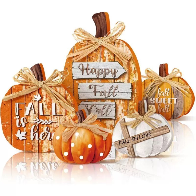 Fall Wooden Pumpkin Table Decor Set of 5, Rustic Farmhouse Pumpkin Sign with Bow, Thanksgiving Harvest Tiered Tray Decor for Home Tabletop