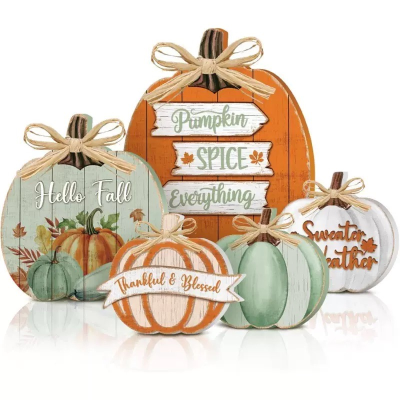 Fall Wooden Pumpkin Table Decor Set of 5, Rustic Farmhouse Pumpkin Sign with Bow, Thanksgiving Harvest Tiered Tray Decor for Home Tabletop