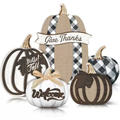 Fall Wooden Pumpkin Table Decor Set of 5, Rustic Farmhouse Pumpkin Sign with Bow, Thanksgiving Harvest Tiered Tray Decor for Home Tabletop