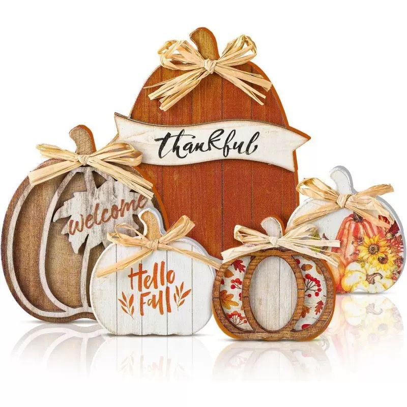 Fall Wooden Pumpkin Table Decor Set of 5, Rustic Farmhouse Pumpkin Sign with Bow, Thanksgiving Harvest Tiered Tray Decor for Home Tabletop
