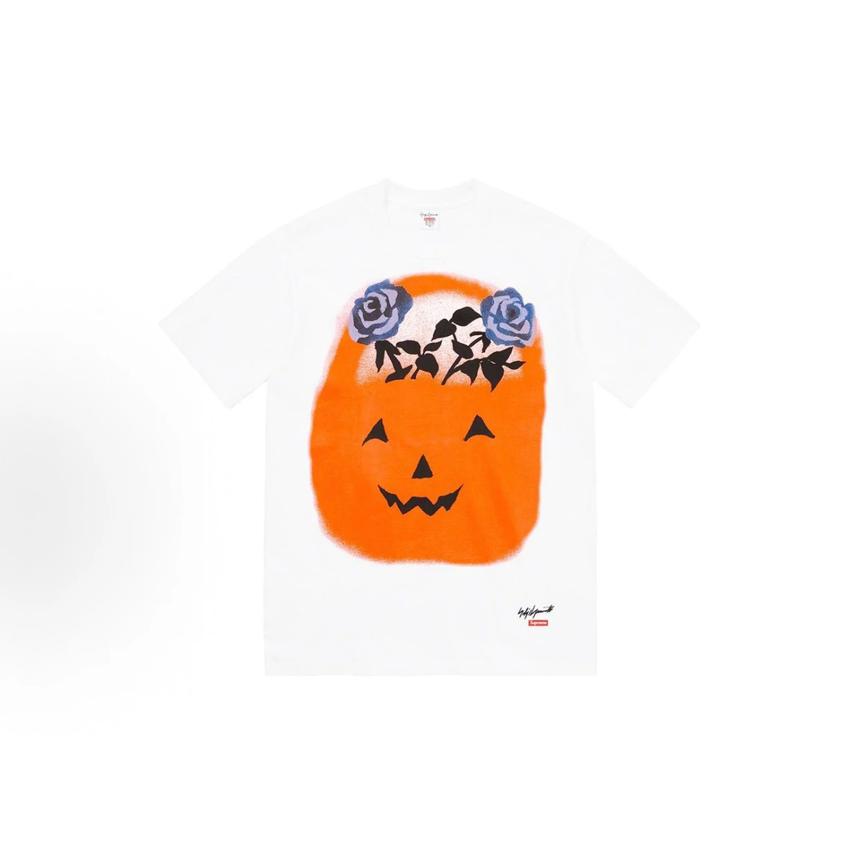 Supreme Yohji Yamamoto Pumpkin T-Shirt, Halloween Jack O Lantern Blue Rose Graphic White Short Sleeve Tee