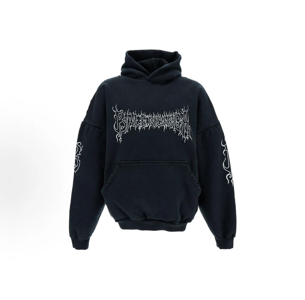 Balenciaga Gothic Flame Logo Hoodie, Washed Black Halloween Streetwear Oversized Hoodie