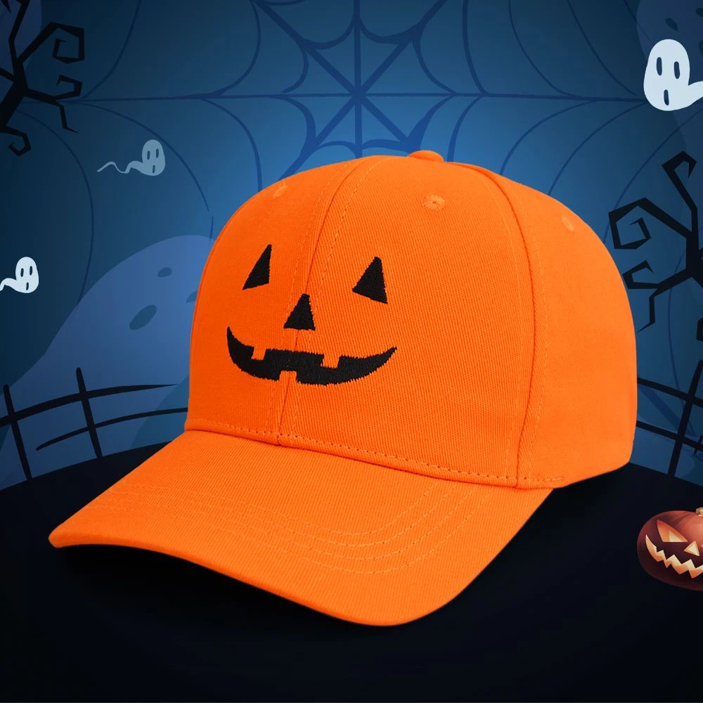 Halloween Pumpkin Face Embroidered Dad Hat, Orange Jack O Lantern Baseball Cap