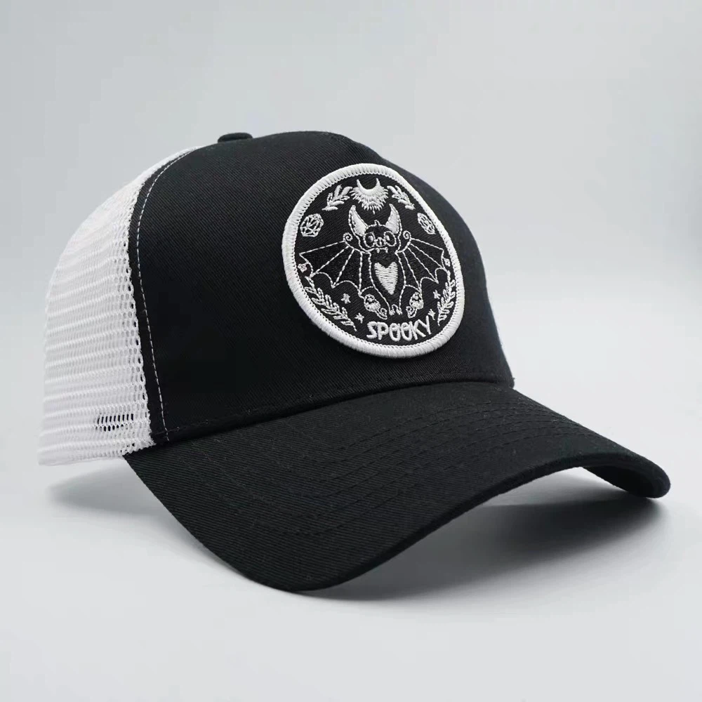 Halloween Spooky Bat Embroidered Trucker Hat, Black and White Mesh Back Cap