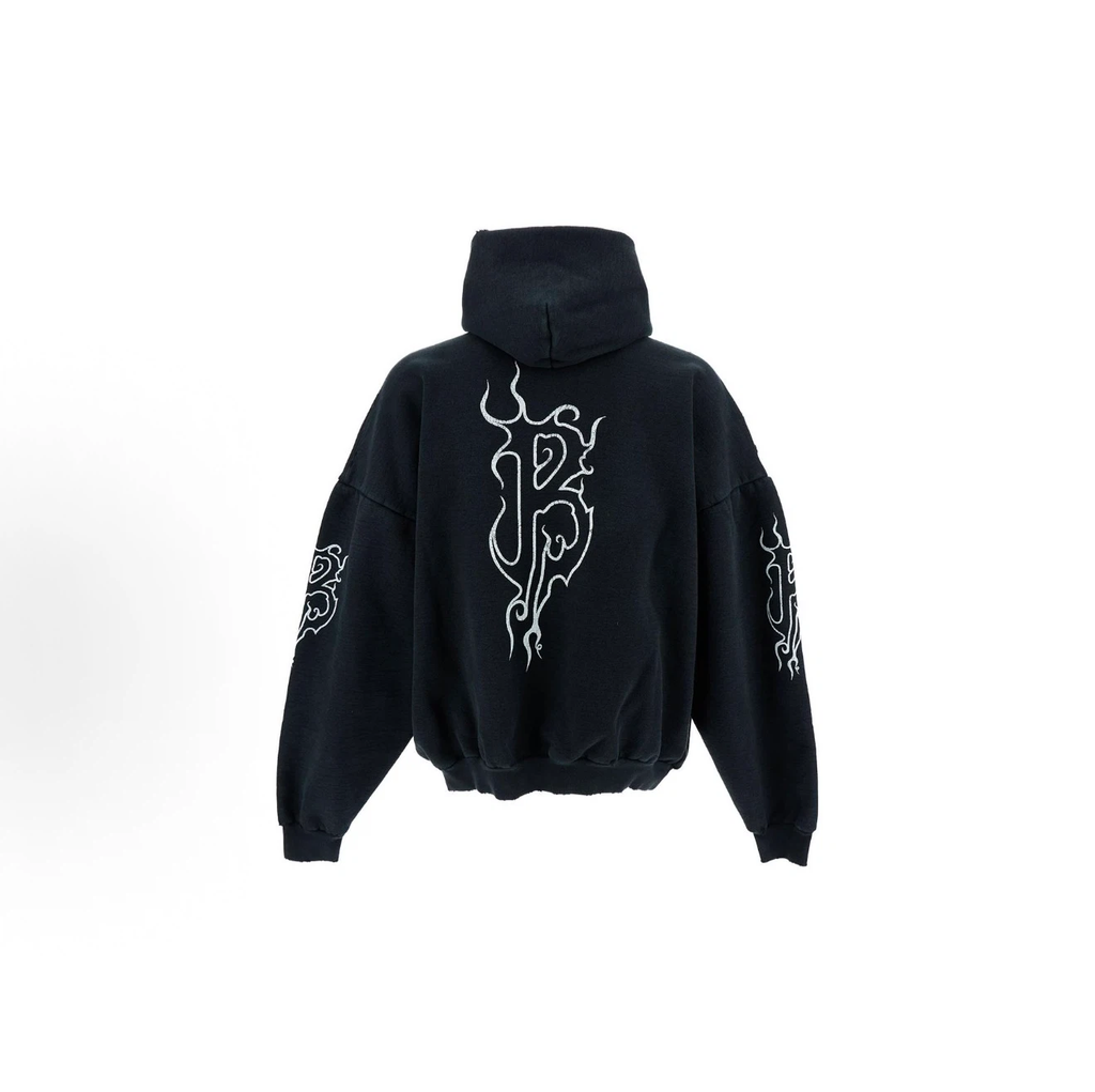 Balenciaga Gothic Flame Logo Hoodie, Washed Black Halloween Streetwear Oversized Hoodie