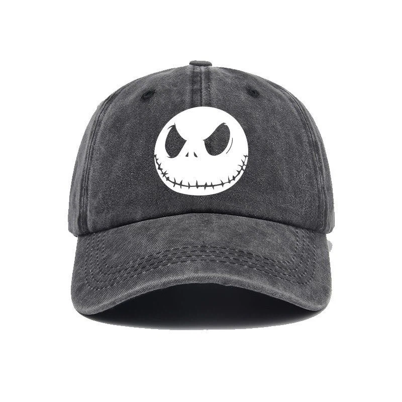 Jack Skellington Skull Vintage Washed Dark Gray Dad Hat, Halloween Costume Cap