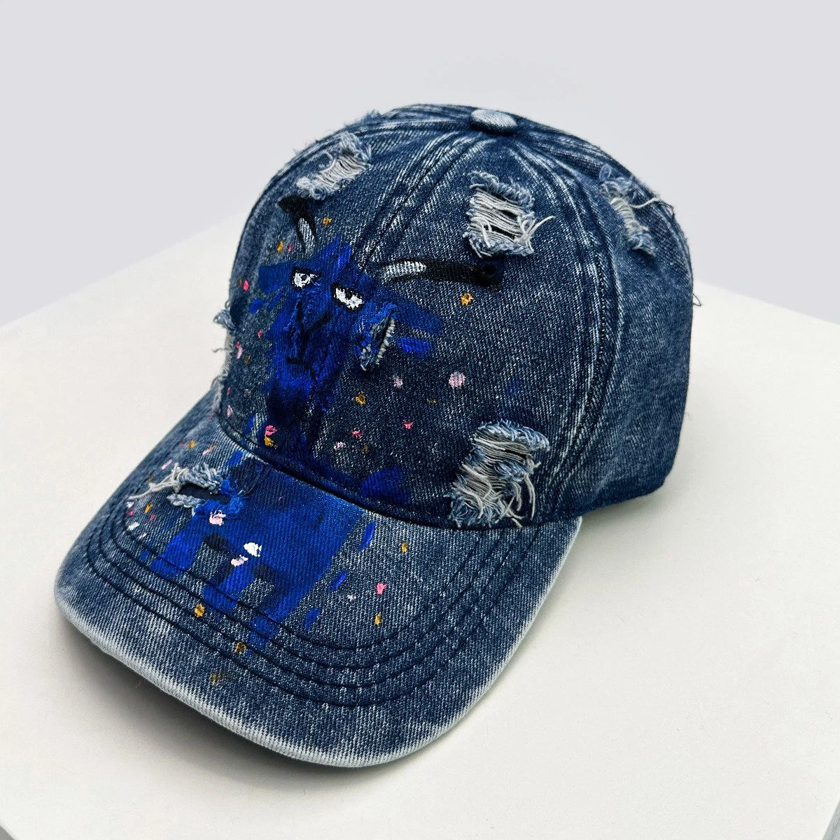 Distressed Denim Baseball Cap, Blue Demon Goat Print Vintage Ripped Hat for Halloween