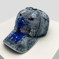 Light Grey Washed Distressed Denim Cap, Blue Demon Goat Print Ripped Baseball Hat