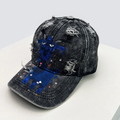 Black Grey Acid Wash Distressed Denim Hat, Blue Demon Goat Graphic Ripped Baseball Cap, One Size 56-58cm
