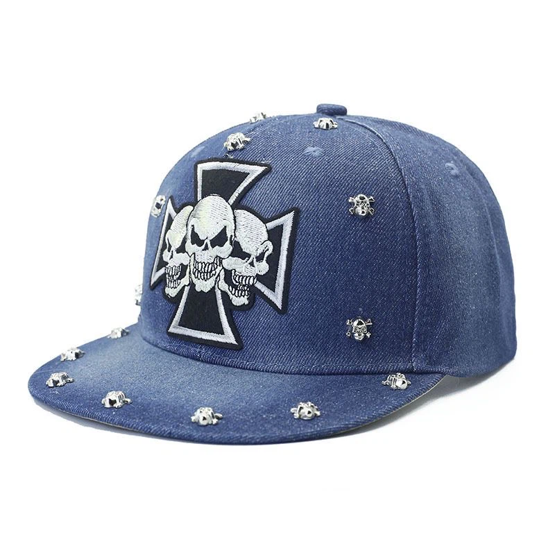 Skull Cross Rivet Snapback Hat 3 Colors, Gothic Embroidered Flat Brim Cap, One Size 56-58cm Head Circumference