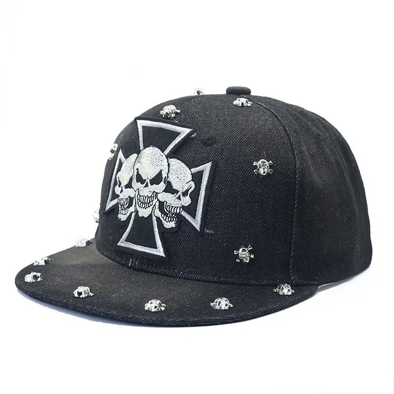 Skull Cross Rivet Snapback Hat 3 Colors, Gothic Embroidered Flat Brim Cap, One Size 56-58cm Head Circumference