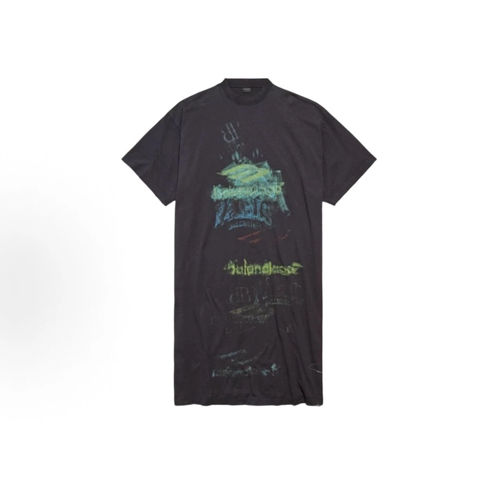 Balenciaga DIY Imprint T-Shirt Midi Dress, Vintage Washed Black Halloween Graffiti Graphic Dress