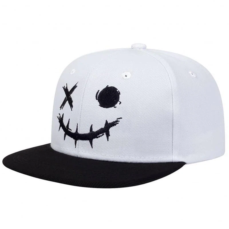 Stitched Horror Smile Face Embroidered Snapback Hat 2 Colors, Halloween Flat Brim Cap, One Size Head Circumference