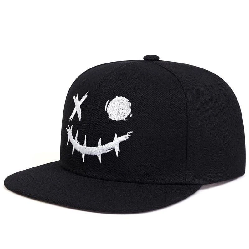 Stitched Horror Smile Face Embroidered Snapback Hat 2 Colors, Halloween Flat Brim Cap, One Size Head Circumference
