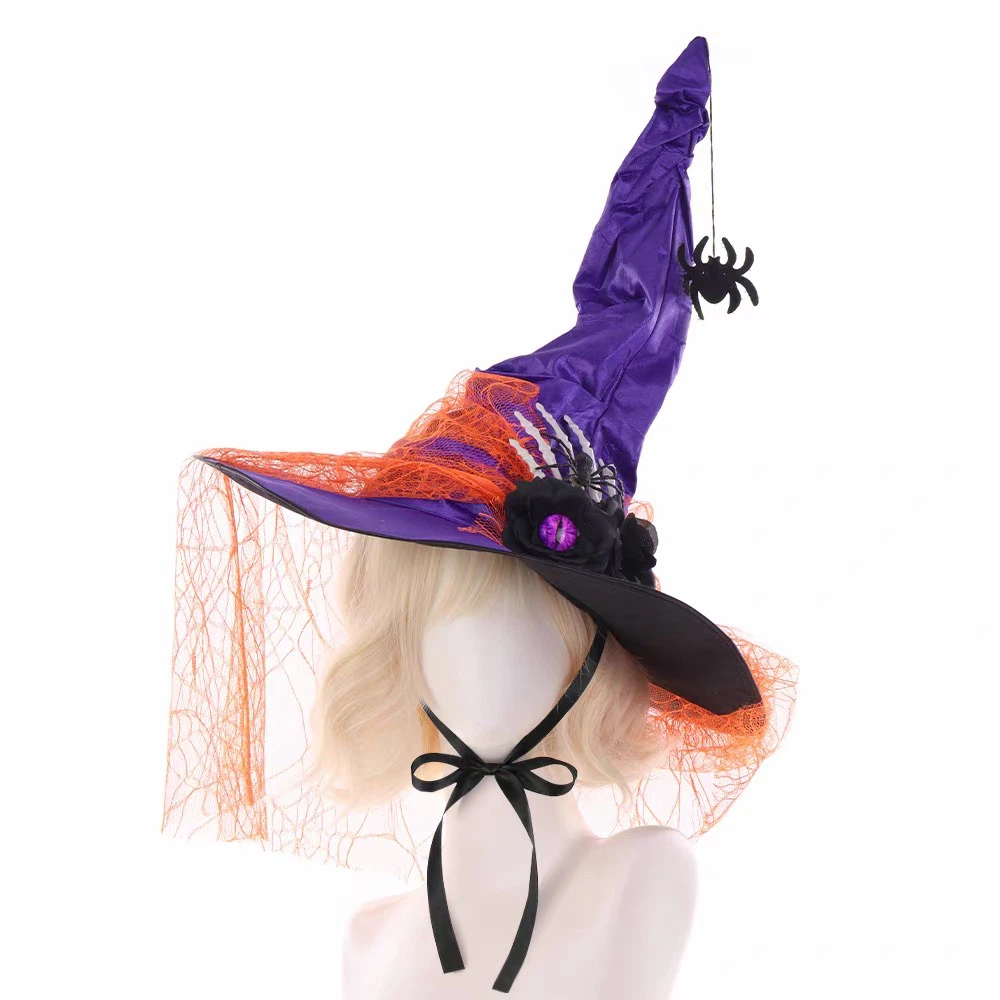 Halloween Witch Hat with Spider & Evil Eye Decor, Lace Veil Wizard Costume Hat